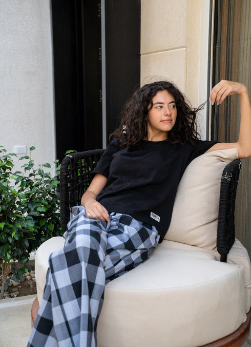 Women summer pajama set Black T-shirt + Black X White Glen Plaid Pants